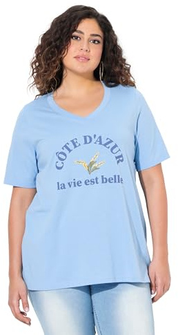 Ulla Popken Damen große Größen Übergrößen Plus Size T-Shirt, Stickerei, A-Linie, V-Ausschnitt, Halbarm lichtblau 50+ 838115720-50+