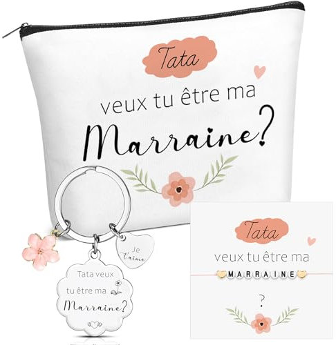 Jadive Coffret Cadeaux Tata Veux Tu Être Ma Marraine Porte-Clés Trousse à Maquillage Tata Bracelet Carte de Vœux Cadeau Marraine Demande pour Noël Baptême Communion Anniversaire