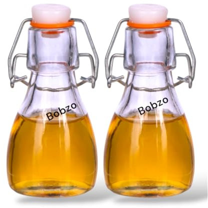 Bobzo 75ml Mini Glass Swing Top Bottles – Pack of 2 Vintage Airtight Bottles with Rubber Seal & Lock Clip – Leakproof Reusable Glass Jars for Liqueurs, Infused Oils, Wedding Favours, Dressings & Shots