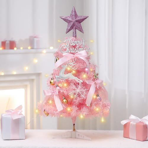 Mini albero di Natale, 45 cm, albero di Natale artificiale, piccolo con illuminazione, palline di Natale, decorazione natalizia, albero di Natale con LED, per tavolo, ufficio, vetrina (rosa)