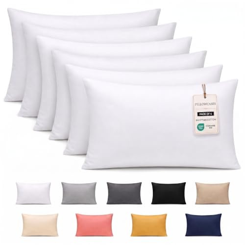 Pamposh 300 Thread Count 100% Egyptian Cotton Pillow Cases 6 Pack Breathable Ultrasoft White Pillow Covers