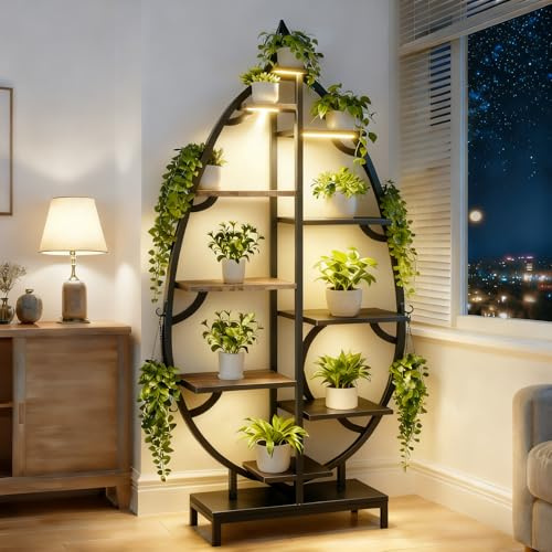 Karl home 11 Tiered Plant Stand Indoor With Grow Lights, 63 Tall Metal Flower Shelf Large Display Rack, Leaf Shaped Corner Holder for Living Room Patio