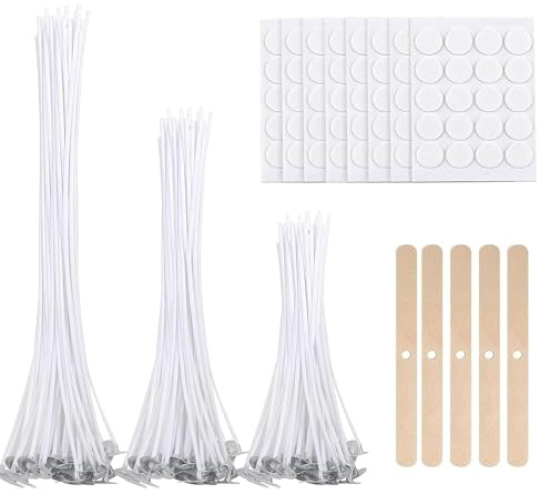 Candle Wicks for Making Candles, 150 Pcs Candle Wick(4in, 6in, 8in) with, 5Pcs Candle Wicks Holders and 150Pcs Glue Stickers, Candle Making Kit for DIY Candle Crafts