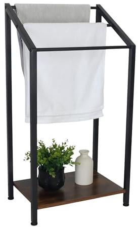Relaxdays freestanding towel rack with shelf, HxWxD: 80x43x28 cm, industrial style, 3 rods, black/brown