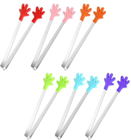 BEPSYOM 6 Pezzi Mini Pinze in Acciaio Inox con Impugnature in Silicone, Pinze da Cucina per Candy Bar, Buffet, Finger Food, Feste e Barbecue (12,5 cm)