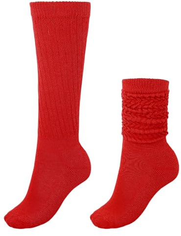 Xindojuz 1 Pair Red Knee High Socks, 7.1/18cm Long Slouch Slouchy Scrunch Socks for Women Girls