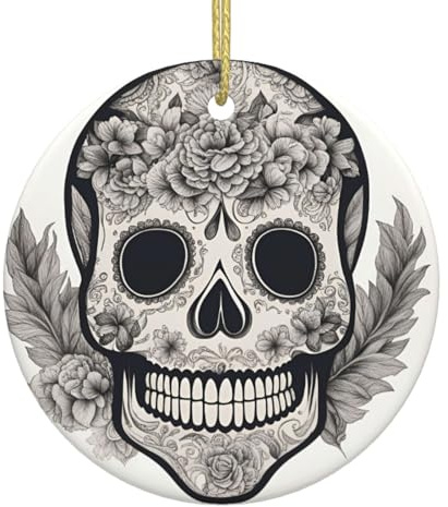 Mexikanischer Totenkopf-Druck, 7,4 cm, Weihnachtsbaumschmuck, Keramik, festlich, rund, hängende Dekoration