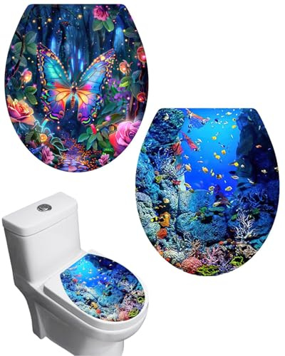 HUVZOR 2 pezzi Adesivo per sedile del water rimovibile,Decorazione per il bagno, Durevole e pratico, Accessori per il water, Adesivo per coperchio del water(Farfalla + Mondo Oceano)