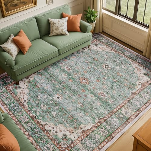 Topfinel Vintage Teppich 200x300cm Grün Boho Kurzflor Teppich Waschbar in Waschmaschine rutschfest Weicher Wohnzimmer Teppiche für Schlafzimmer Esszimmer Büro Groß Carpet Orientalischer