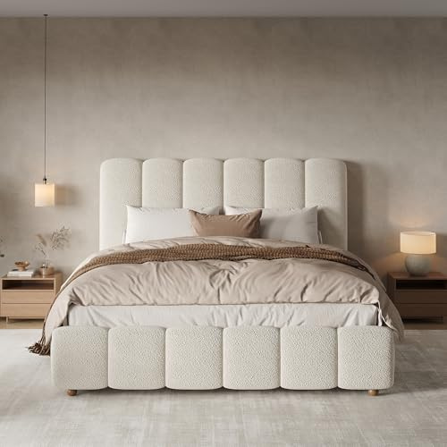 Upholstered Ottoman Bed with Storage & Channel Tufted Headboard, Boucle Fabric 4ft6 Double Bed Frame, Hydraulic Gas Lift Up Storage Beds with Slatted Frame, No Box Spring Needed, White, No Mattress