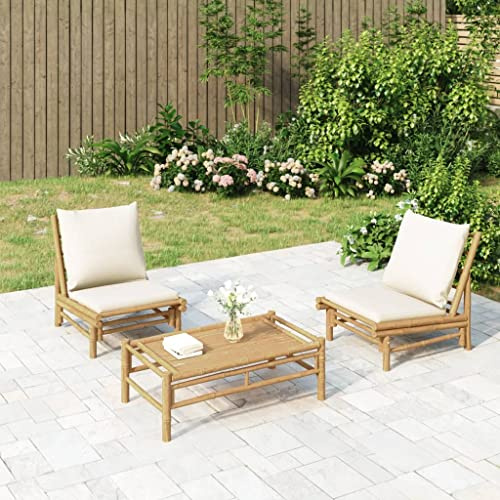 WHOPBXGAD Lot de 2 Chaises de Jardin en Bambou avec Coussins Blanc Crème, Chaises de Terrasse Extérieur Confortables et Design pour Salon de Jardin, Balcon, 110 kg Capacité