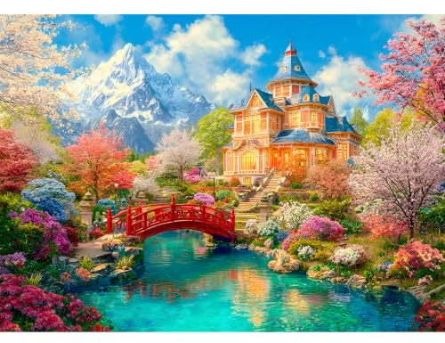Luneko Puzzle per Adulti 1000 Pezzi Sfida 71,1 x 50,8 cm | Difficile Difficile Sfida Puzzle Montagna Natura Paesaggio Fiori di Ciliegio Castello Ponte Stream Scenery 1000 Pc Puzzle
