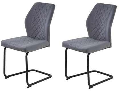 Hela Tische, 2er Set Freischwinger Küchenstuhl Oslo, Bezug Velvet/Samt Dunkelgrau, Rundrohr-Metall-Gestell Schwarz, Rautensteppung, 140kg belastbar