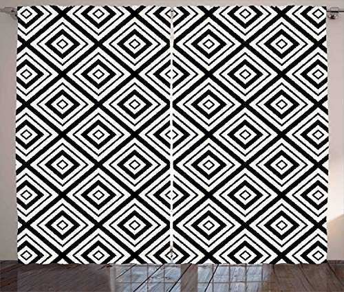 ABAKUHAUS Schwarz und weiß Rustikaler Vorhang, Rhombus Maßwerk, Wohnzimmer Universalband Gardinen mit Schlaufen und Haken, 280 x 245 cm, Weiß Schwarz