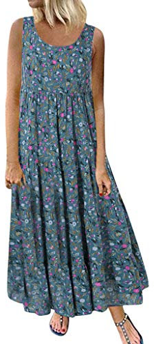 OverDose Soldes Robe Longue Femme Grande Taille Vintage Bohème Chic, Robe Rétro Plisée en Lin Enceinte sans Manches Imprimée Floral Robes de Plage Taille M-5XL