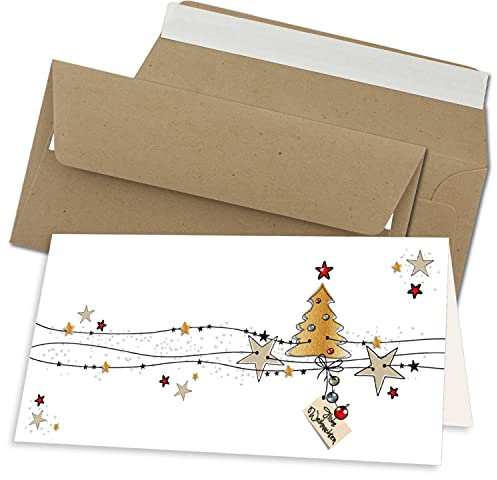 30x Weihnachtskarten-Set DIN Lang in Weiß mit Weihnachtsbaum und Sternen - Faltkarten mit Umschlägen DIN Lang Kraftpapier Sandbraun mit Haftklebung - Weihnachtsgrüße für Firmen und Privat