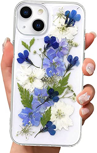 Abbery Handyhülle für iPhone 13 Hülle Blumen, Durchsichtig Glitzer Echte Getrocknete Blumen Muster Dünne klar Transparente mit Motiv Silikon TPU Frauen Mädchen Stoßfeste Schutzhülle (Violett)