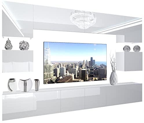 BELINI Wohnwand Vollausstattung Wohnzimmer-Set Moderne Schrankwand mit LED-Beleuchtung Anbauwand TV-Schrank Weiß
