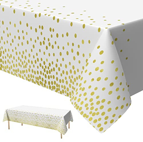 Xinvery Dot Tischdecken, Weiß Gold Konfetti Party Tischdecken Rechteckige wasserdichte Einweg Tischdecken für Party Picknick Geburtstag Jubiläum 137 x 274cm