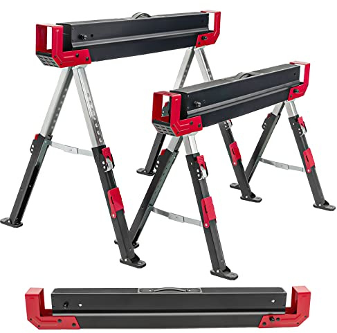GYMAX 2er Set Sägebock höhenverstellbar 61,5–82,7 cm, tragbarer Arbeitsbock bis 1180 kg belastbar, klappbarer Unterstellbock, Werkstattbock mit Anti-Rutsch-Auflage & Tragegriff, Schwarz+Rot