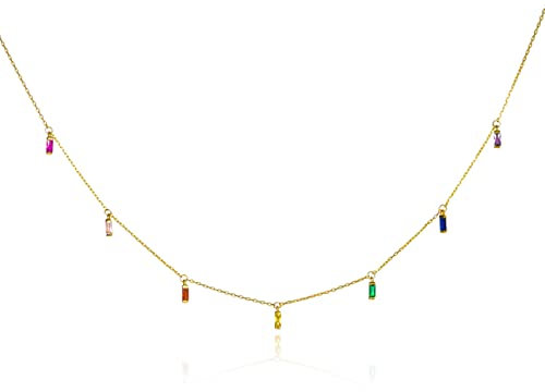 namana Bunte Goldketten für Damen und Mädchen aus 925er Sterlingsilber mit hängenden Anhängern in Baguetteform, zierliche Goldkette für Frauen mit farbigen Zirkonia-Steinen