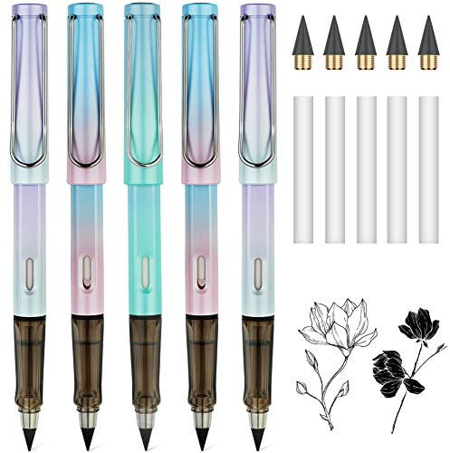 AUAUY 5 PCS Tintenlose Bleistifte Ewiger, Infinity Pencil mit 5 Austauschbarem Wechselkopf und 5 Radiergummi, Wiederverwendbar Tragbarer Immerwährender Bleistift für ab 3 Jahren Kinder und Erwachsene