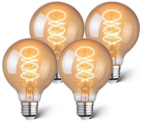 LED Deko Glühbirne E27, 1800K 4W Vintage Edison Birne, Bernstein Glas Stimmungslicht, Dimmbar, Retro Filament Design, Ideal für Cafè, Bar & Dekorative Beleuchtung G80, 4er Pack