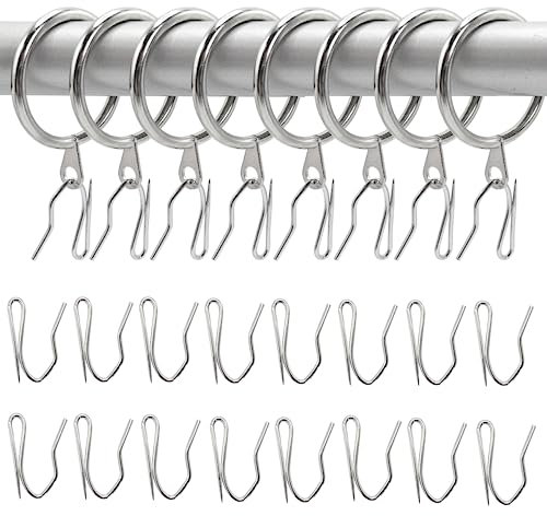 Vorhangringe aus Metall, 32 Stück und 32 Stück Metall-Vorhanghaken für Fenster, Tür, Duschvorhang, 30 mm Innendurchmesser (Silber)
