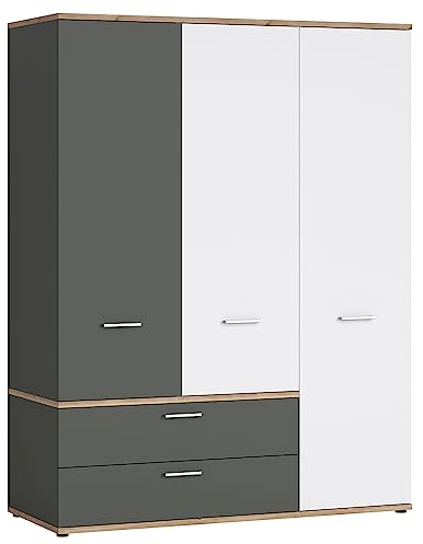 Lomadox Kleiderschrank 3-türig in Eiche Nb. mit weiß und grau, B/H/T ca. 150/196/60 cm