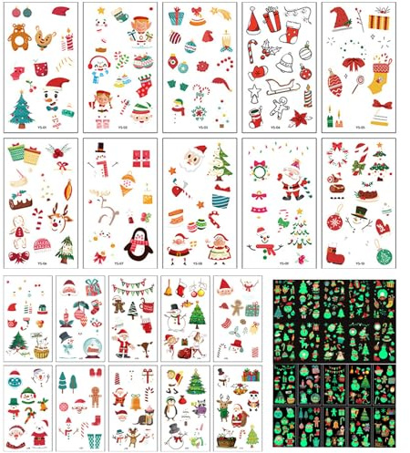 KASESSS 20 Blatt Weihnachtstattoos Kinder, Leuchtende Tattoos Weihnachten Kinder, Weihnachts Tattoo kinder, Kindertattoos Weihnachten Temporäre Tattoos Kleine Geschenke für Mädchen, Jungen weihnachten