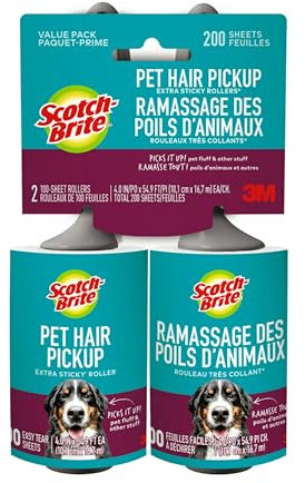 Scotch-Brite Pet Hair Pickup Lint Rollers, 2 Rollers, 100 Sheets Per Roller, 200 Sheets Total, Reusable Lint Roller, Works Great on Pet Hair