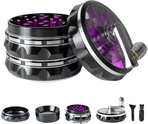 Molinillo de hierbas transparente de metal grande de 2.5 pulgadas, 4 piezas, molinillo de especias de aleación de aluminio con mango plegable, raspador de polen y cepillo de limpieza (negro y morado)