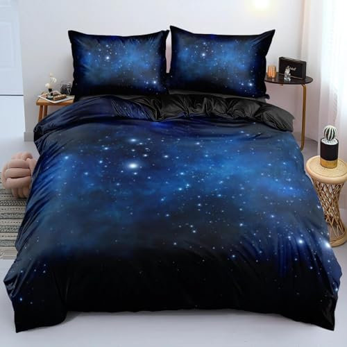 ZXBNNN Luxuriöses Galaxie-Dunkelblau-Bettwäsche-Set, Twin-Full-Queen-King-Size-Bettbezug-Set, leuchtende Sterne, Sternenhimmel, Trösterbezug, 135 x 200 cm x 1/50 x 75 cm x 2