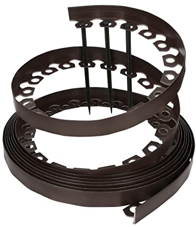 GARDENIX LineBorder Bordure de pelouse Flexible en Plastique, 20 piquets d'ancrage, Longueur 10 m, Hauteur 6 cm, Marron