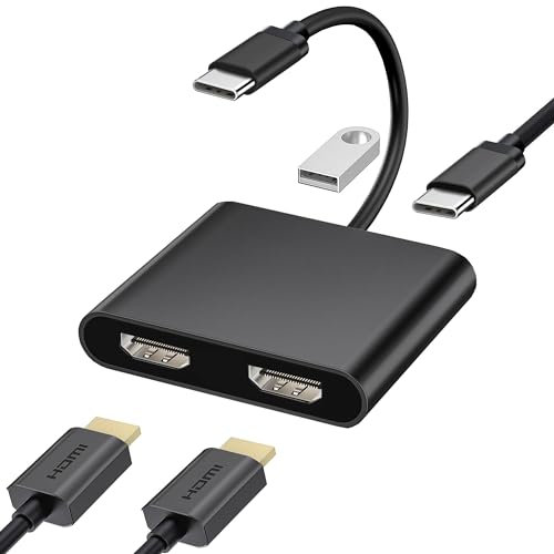 USB C to HDMI Adapter - 4 in 1 HDMI Splitter for Dual Monitors 4K, USB 3.0, PD 100W, Dual HDMI Adapter for 2 Monitors, MacBook Pro/Air, iPad, Surface, Dell, Lenovo (Black)