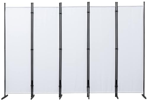 Mingone Raumteiler Trennwand Paravent 5-TLG. Sichtschutz Faltbar mit Metallrahmen Polyester-Mischgewebe für Wohnzimmer, Schlafzimmer, Küche, Büro, Balkon, Garten, Weiß, 250x176cm