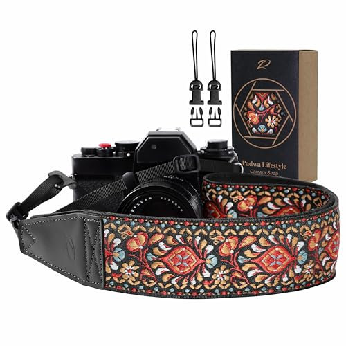 Padwa Lifestyle Camera Strap - 2 Full Grain Leather Ends Camera Straps for Photographers, Vintage Embroidered Cotton Weave Soft Suede Fabric Padded Strap Quick Release fits All Cameras