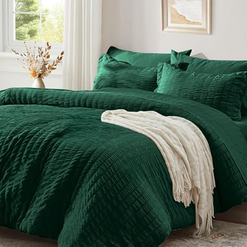 Luofanfei Seersucker Bettwäsche 200x220 Grün Dunkelgrün Sommer Gestreift Einfarbig Wende Bettwäsche Set Microfaser Atmungsaktiv Leicht Bettbezug Doppelbett und Kissenbezüge 80x80 mit Reissverschluss