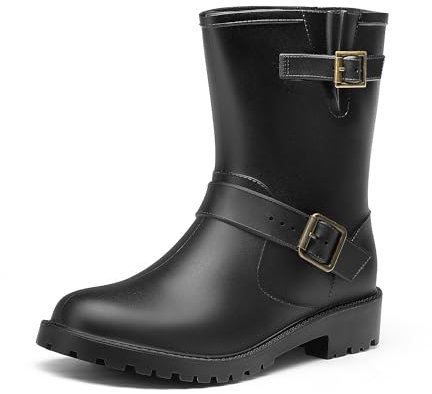 DREAM PAIRS Stivali da Pioggia Donna Stivali Wellington All'aperto Stivali Donna Alla Moda Western da Cowboy con Tubo Centrale,Size 37,Nero,SDRB2415W-E