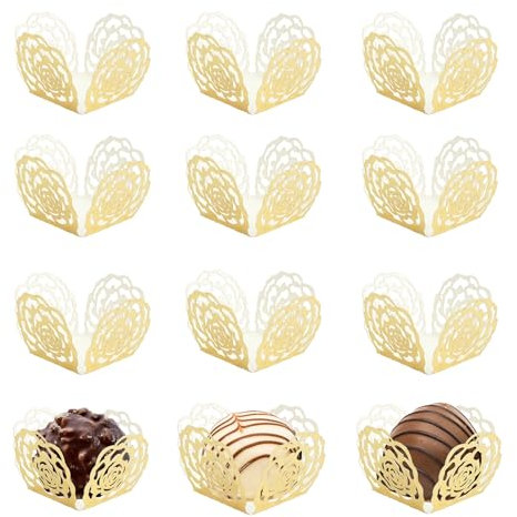 50Pcs Chocolate Truffle Wrappers Paper, Mini Hollow Gold Foil Chocolate Paper Rose Candy Cups Flower Cupcakes Muffin Case Packing Separating Trays Baking Paper Liners for Party Wedding Birthday