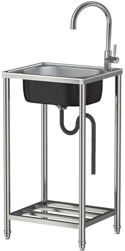 Fregadero Jardin Exterior Acero Inoxidable Fregadero Cocina con grifo de agua fría y caliente giratorio de 360°Comercial de camping móvil Fregaderos de un seno Para Restaurantes,Garajes,Lavanderías