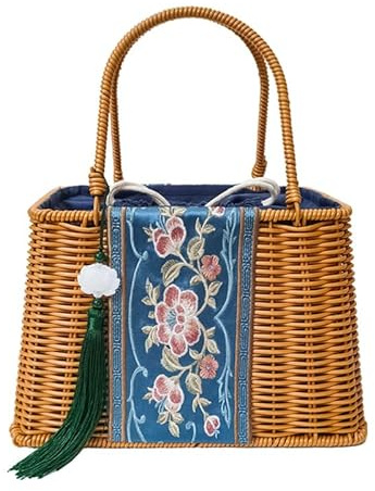 FUNSEED Rattan-Tasche für Damen, im Enthno-Stil, bestickt, handgefertigt, gewebt, Einkaufstasche für Reisen, Blume