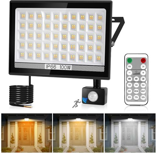NATPOW Luz de Seguridad Exterior con Sensor de Movimiento y Mando a Distancia, 100W LED Foco con Sensor PIR Inteligente, 3 Colores Luz de Pared Exterior para Puerta de Entrada, Almacén, Patio, Calles
