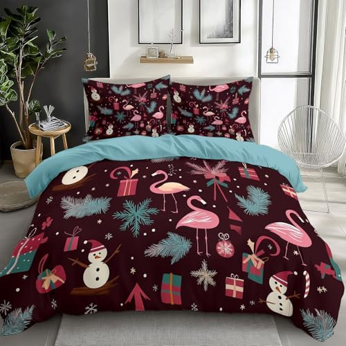 Quixora Bettwäsche 155 x 220 cm Wende Bettbezug Set 3 Teilig, Blaugrün, Muster Weihnachten Flamingo Hochwild Und Schneemann, Weiche Microfaser Bettbezug mit Reißverschluss und 80x80cm Kissenbezug