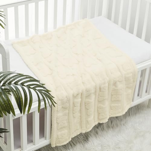 CREVENT Kuschelige, weiche, warme Sherpa-Babydecke für Mädchen und Jungen, Neugeborenen-Essentials für Säuglinge, Babyparty, Geschenk – Elfenbeinfarbener Bär, 75 x 100 cm