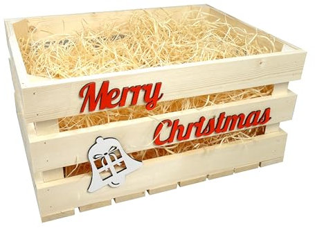 GoodFreshDecor Holzkiste Weihnachten Kiste Korb Adventskiste 40 x 30 x 20 cm Deko Holz Mit Holzwolle Geschenkkorb Adventskalender Gesteck Kiefernholz Naturfarbe Merry Christmas