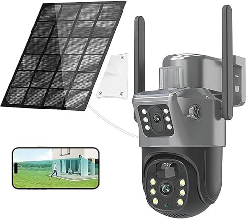 Qawner 4K Doppia Telecamera di Sorveglianza WiFi Esterna senza fili, Solare HD 6MP PTZ Telecamera Sorveglianza, Rilevamento Umano PIR, Audio Bidirezionale, IP66 Impermeabile, Visione Notturna Colore