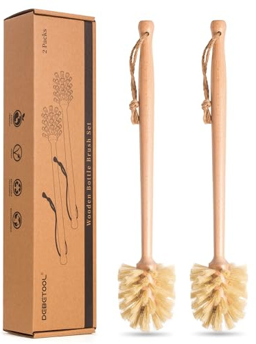DEBETOOL 2-Pack Natural Wooden Bottle Brush with Sisal Bristles, Long Handle Bottle Brush Cleaner for Wide Mouth Jars, Water Bottles, Cups, Glasses, Baby Bottles (Non-Scratch)