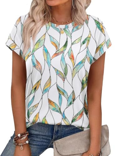 Aokosor Womens Summer Tops Floral Printed Short Capsleeve Shirts Crew Neck Casual Short Sleeve White Ladies Tops Size 10-12 for UK