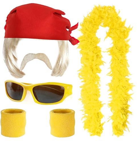 Wrestler-Zubehör-Set für Erwachsene, rotes Bandana, gelbe Sonnenbrille und Schweißbänder, blonde Perücke und Schnurrbart, gelbe Federboa – lustiges Promi-Kostüm-Zubehör-Set für Herren und Damen